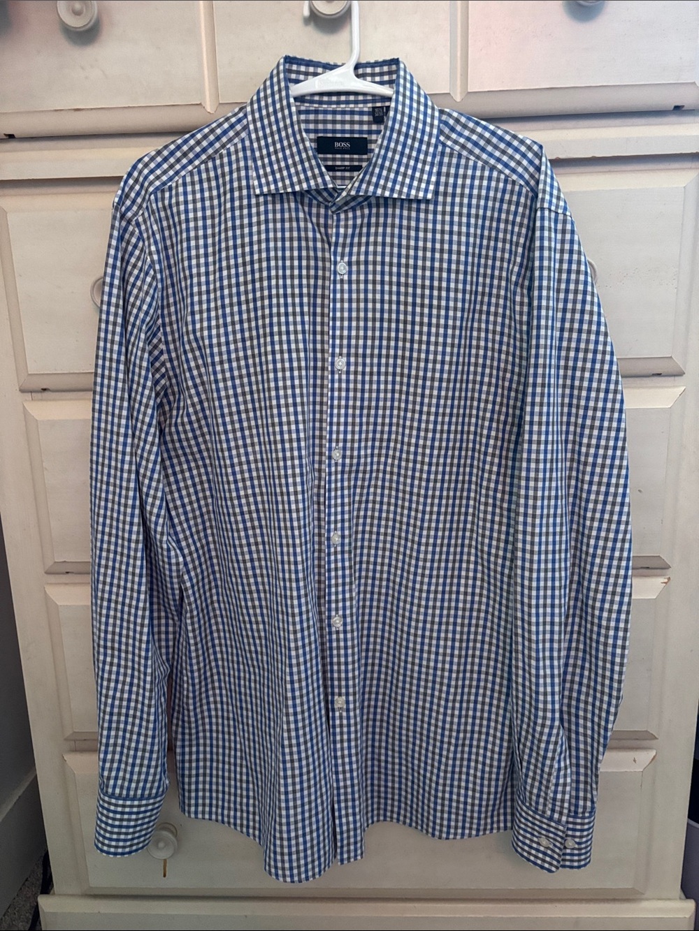 BOSS Blue and White Gingham Dress Shirt